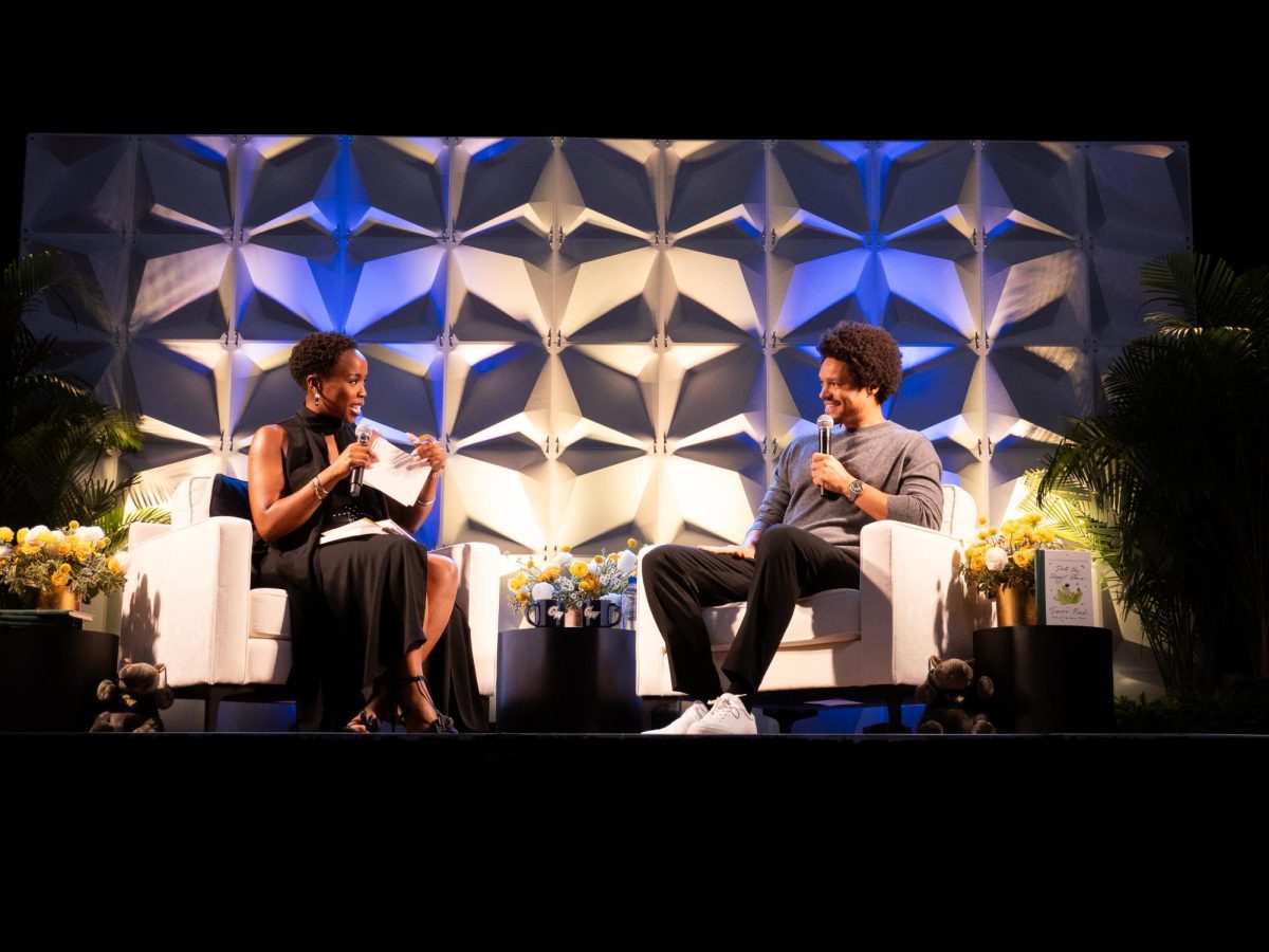 Trevor Noah and GW alum and NBC News journalist Zinhle Essamuah in the Smith Center on Saturday