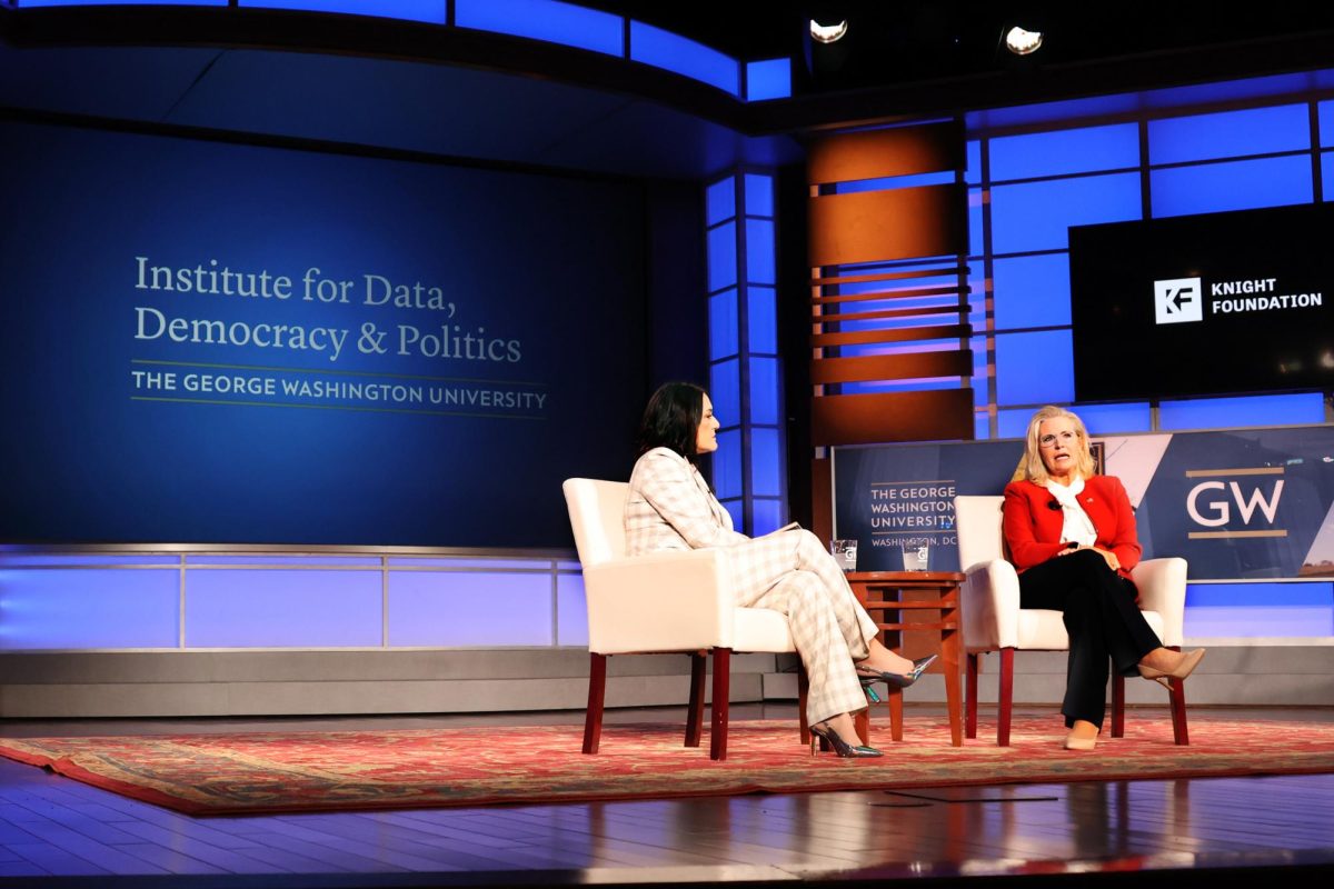 Former Wyoming Congresswoman Liz Cheney (R) and Maribel Pérez Wadsworth sit in conversation regarding the American democracy.