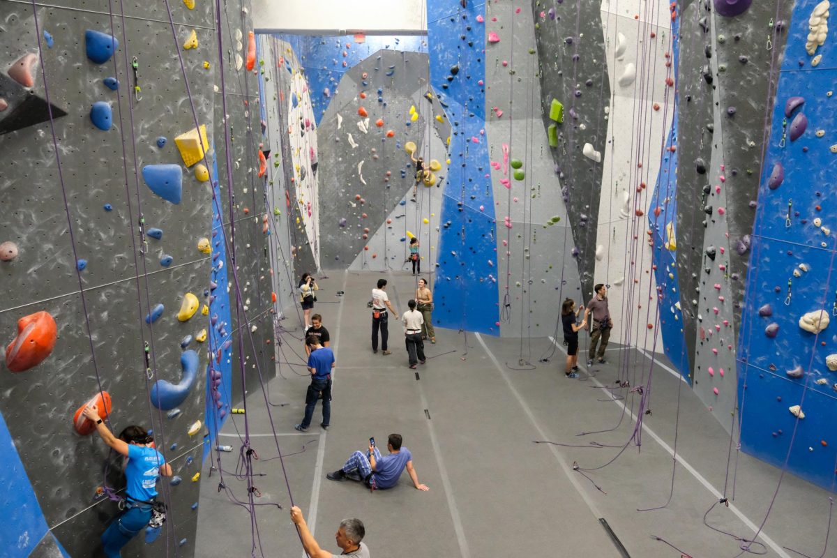 Climbers scale the rock walls inside of the Movement Climbing & Fitness gym. 