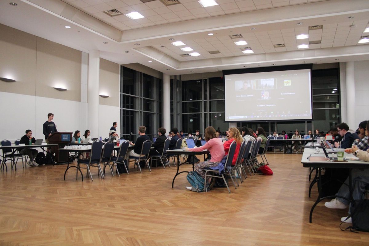 Vice President Ethan Lynne presides over Monday's SGA meeting while Sen. Connor Toth (LAW-G) asks a question to a new member during the confirmation voting process.