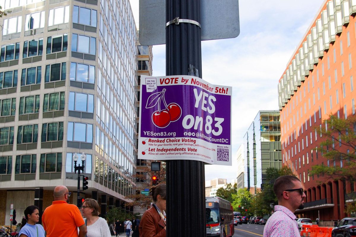 A poster promoting Initiative 83 hangs on a pole at the corner of Pennsylvania Avenue and 17th Street.