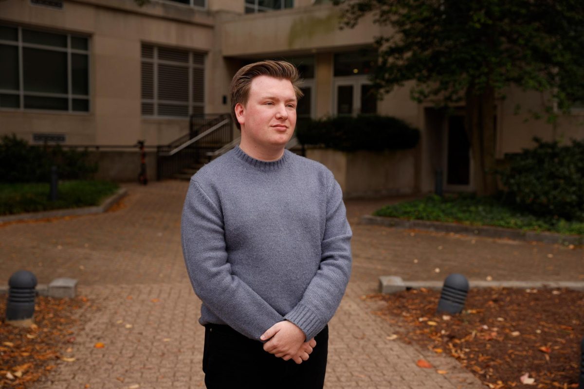 GW College Democrats Chief of Staff Logan Olszewski poses for a portrait in Kogan Plaza.