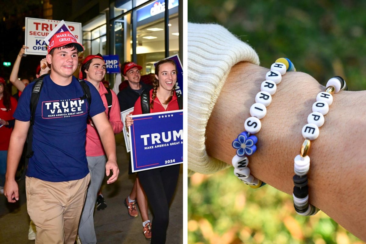 Left: The GW College Republicans march toward the White House after Donald Trump's victory in Pennsylvania. Right: GW Democrats Programming Director Emily-Anne Santiago displays her bracelets supporting Kamala Harris. 