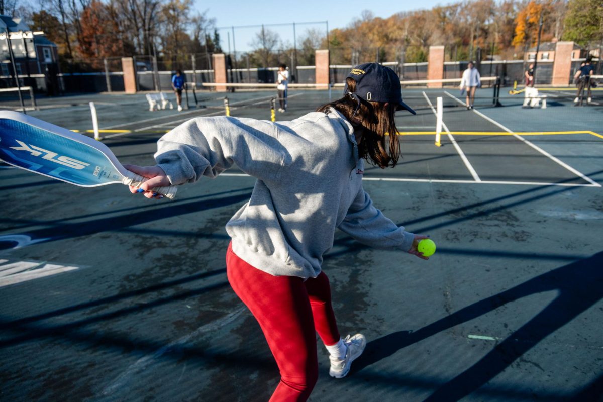 Marina Grillasca hits the ball during a pickleball practice at the Vern tennis courts Saturday. 