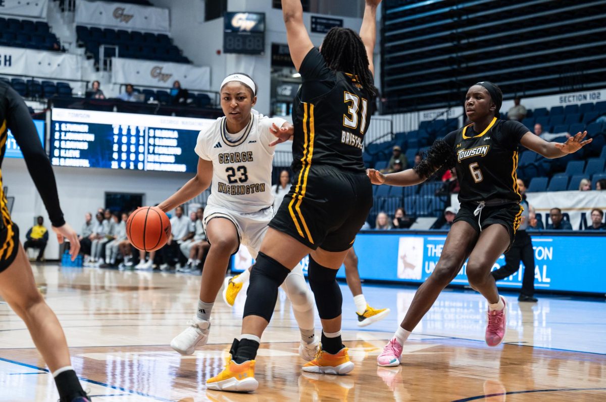 Graduate guard Makayla Andrews drives to the basket during a gam against Towson yesterday.