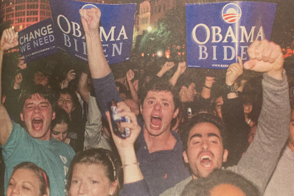 Students celebrate Barack Obama's victory on election night 2008.