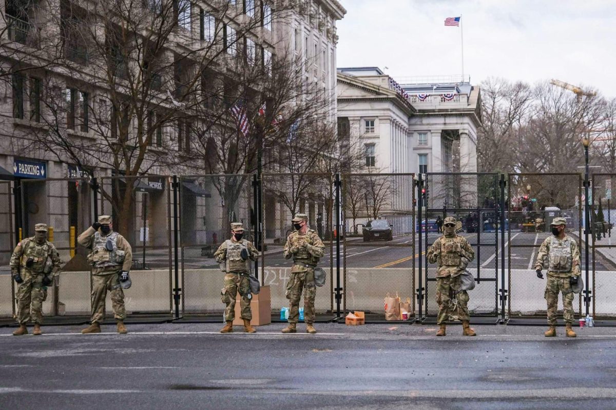 Members of the National Guard stand in front of the Treasury Department during the 2021 presidential inauguration.