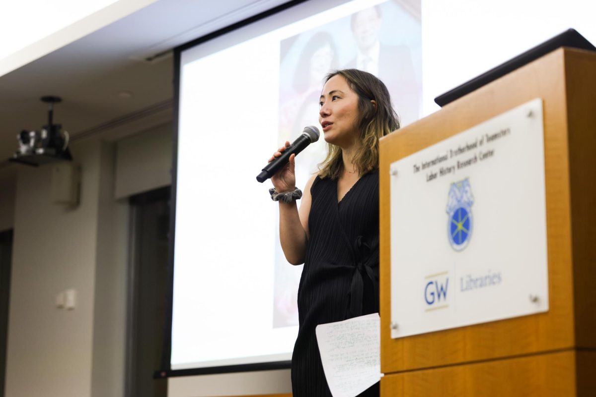 Kat Chow speaks about her book in Gelman Library.