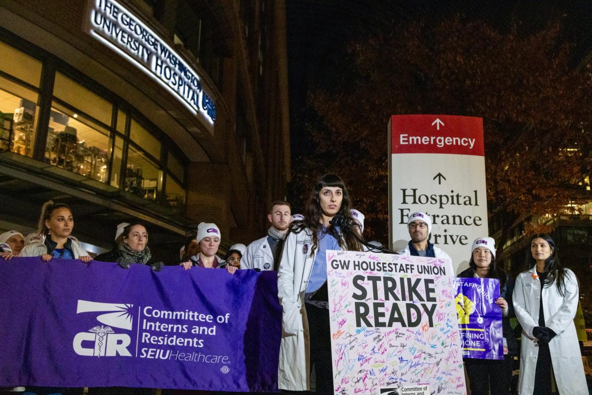 Dr. Elsa Alaswad, a GW resident physician and a member of the Committee of Interns and Residents bargaining team, speaks at a press conference calling on University leadership to agree to a union contract and avert a labor strike.