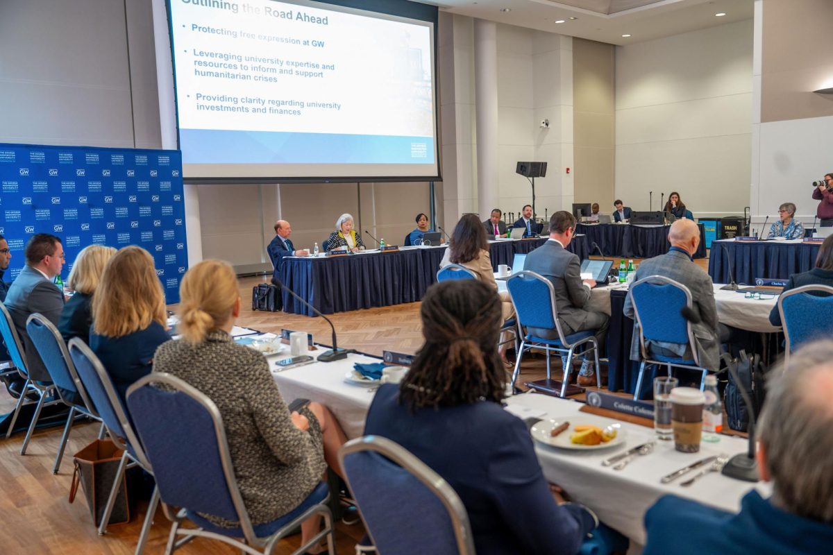 University President Ellen Granberg address the Board of Trustees during a May meeting.