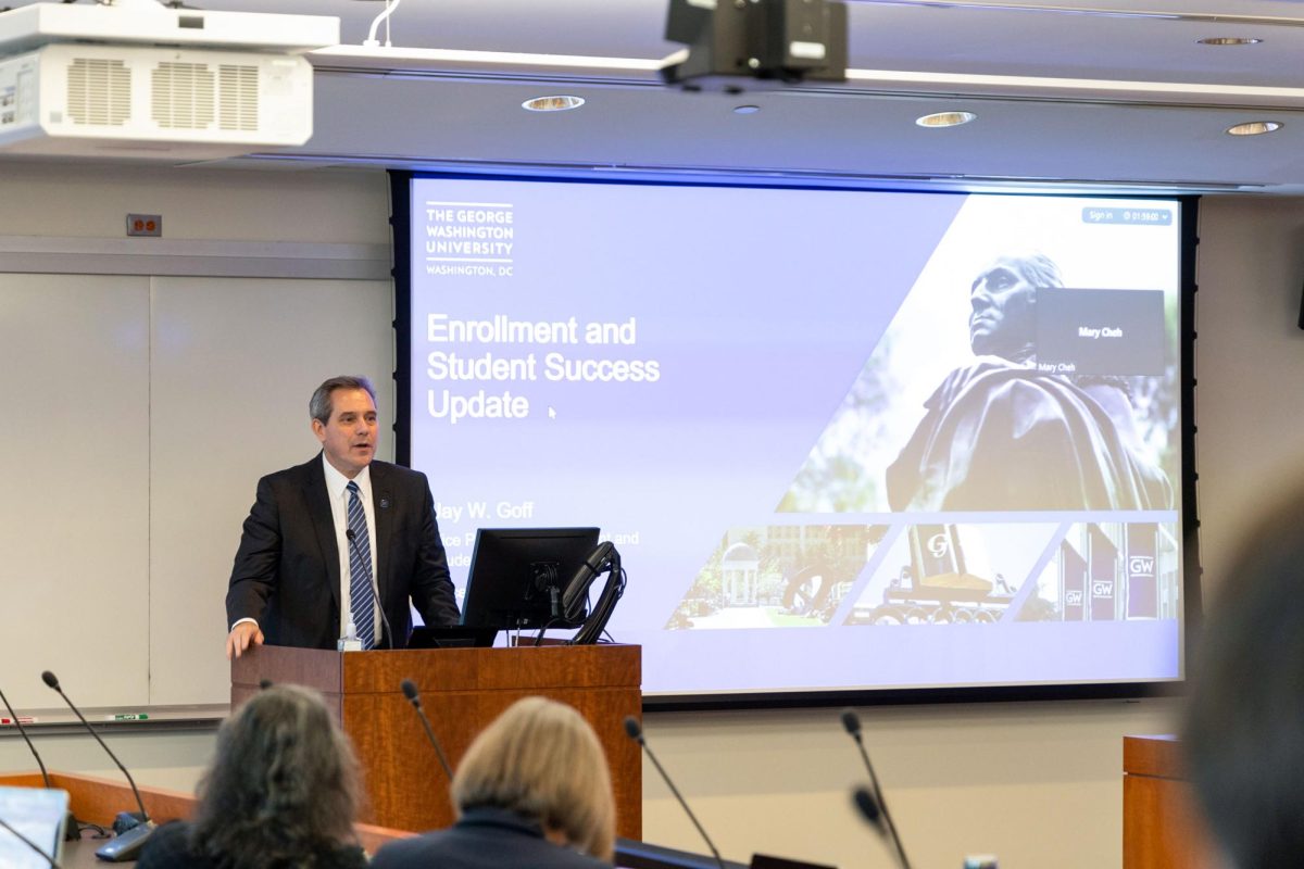 Vice Provost for Enrollment and Student Success Jay Goff presents metrics on 2024 student enrollment to the Faculty Senate.