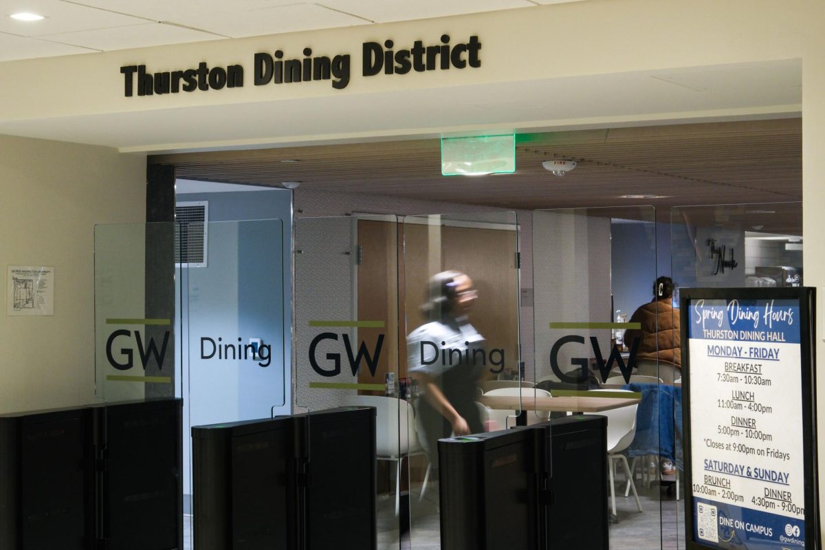 The new gates at the entrance to Thurston Dining Hall.