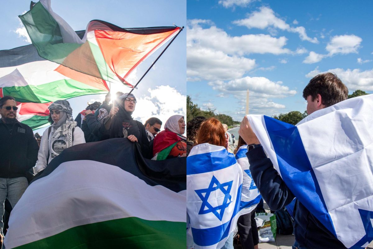 Demonstrators call for a ceasefire at pro-Palestinian rally in Freedom Plaza (left) and gather for pro-Israel demonstration on the National Mall (right).