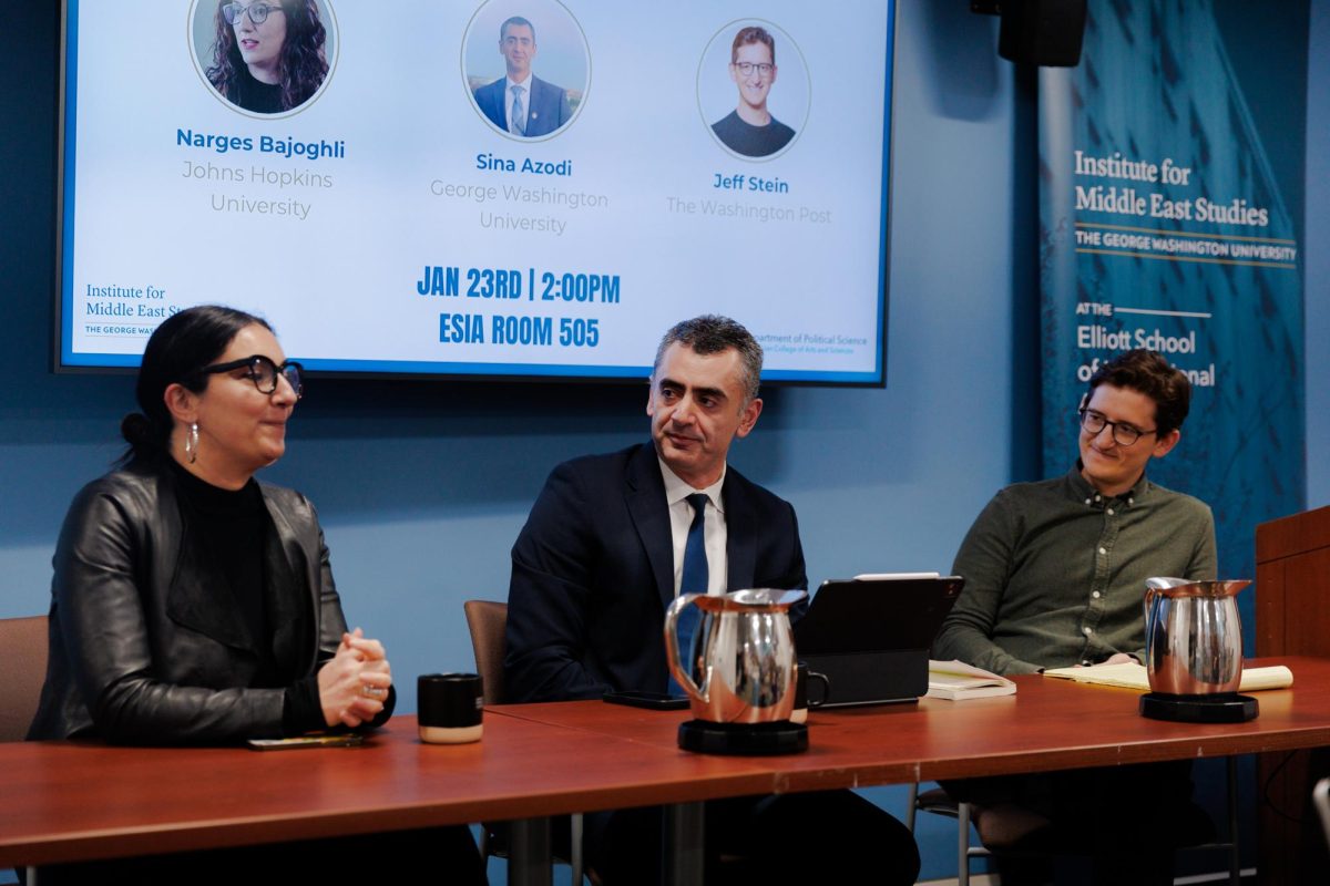 Panelists Sina Azodi and Jeff Stein look toward Johns Hopkins University Assistant Professor Narges Bajoghli as she discusses how sanctions are implemented, their geopolitical consequences, and their effects on targeted nations and societies.