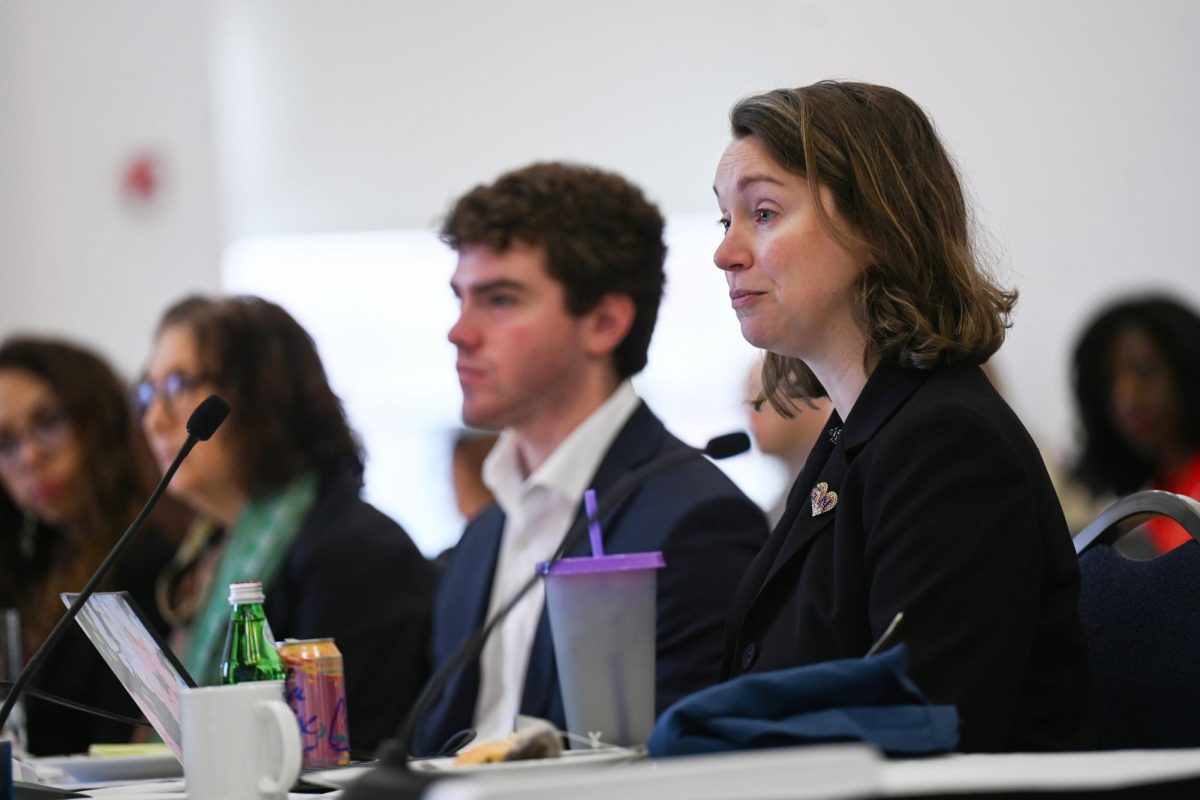 Staff Council President Kim Fulmer at a Board of Trustees meeting in February