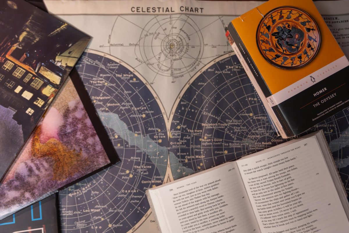 Objects related to niche classes at GW, including a celestial chart, Greek classics and David Bowie vinyls.