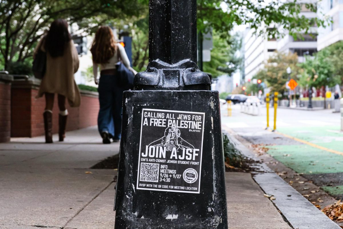 A poster for the GW Anti-Zionist Jewish Student Front near the intersection of H and 20th streets.