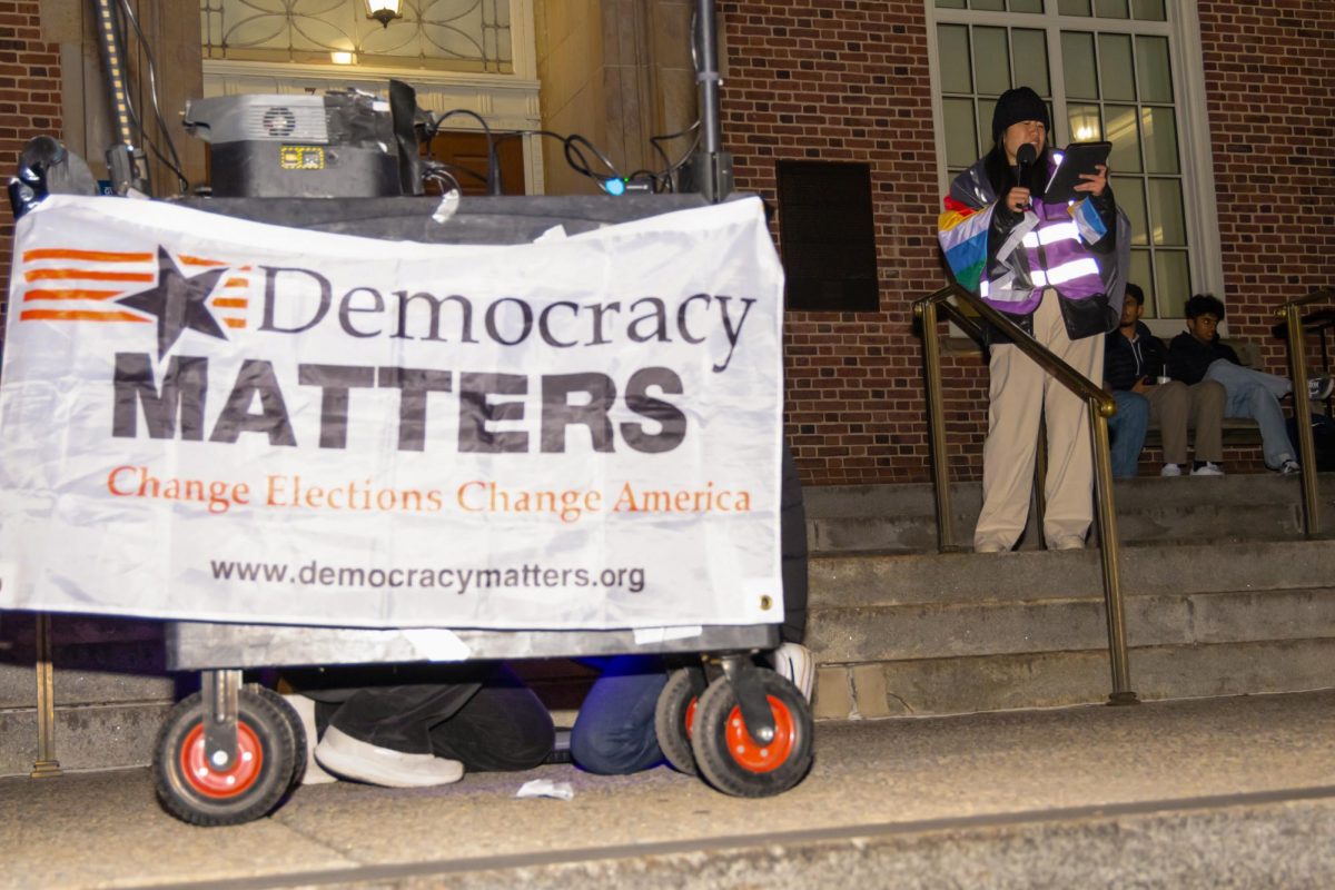 President of the Disabled Students Collective Tiffany Fong speaks at the protest on Monday.
