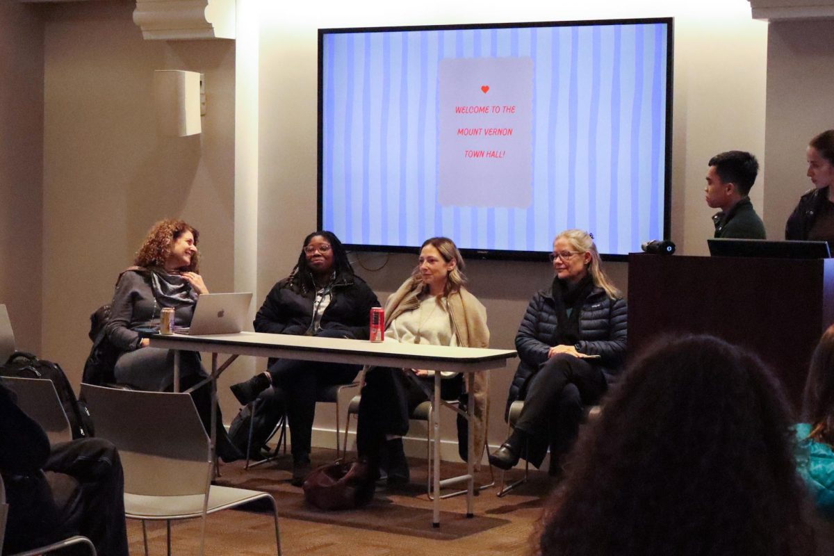 Betsy Shimberg, Rebekka Christie and Laura Finkelstein speak at the Student Government Association town hall on Tuesday. 