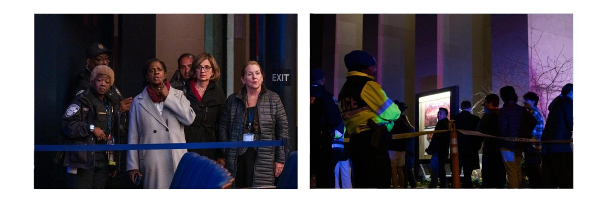 Left: Dean of Students Collette Coleman stands with officials in Lisner Auditorium, right: People line up outside Lisner Auditorium for Robert F. Kennedy Jr's talk on Monday. 