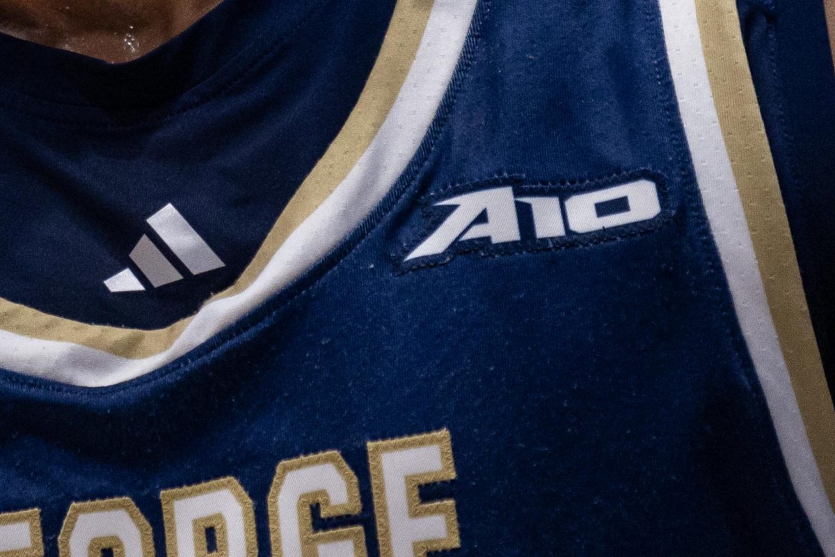 The A10 logo emblazoned on the men's basketball team jerseys.