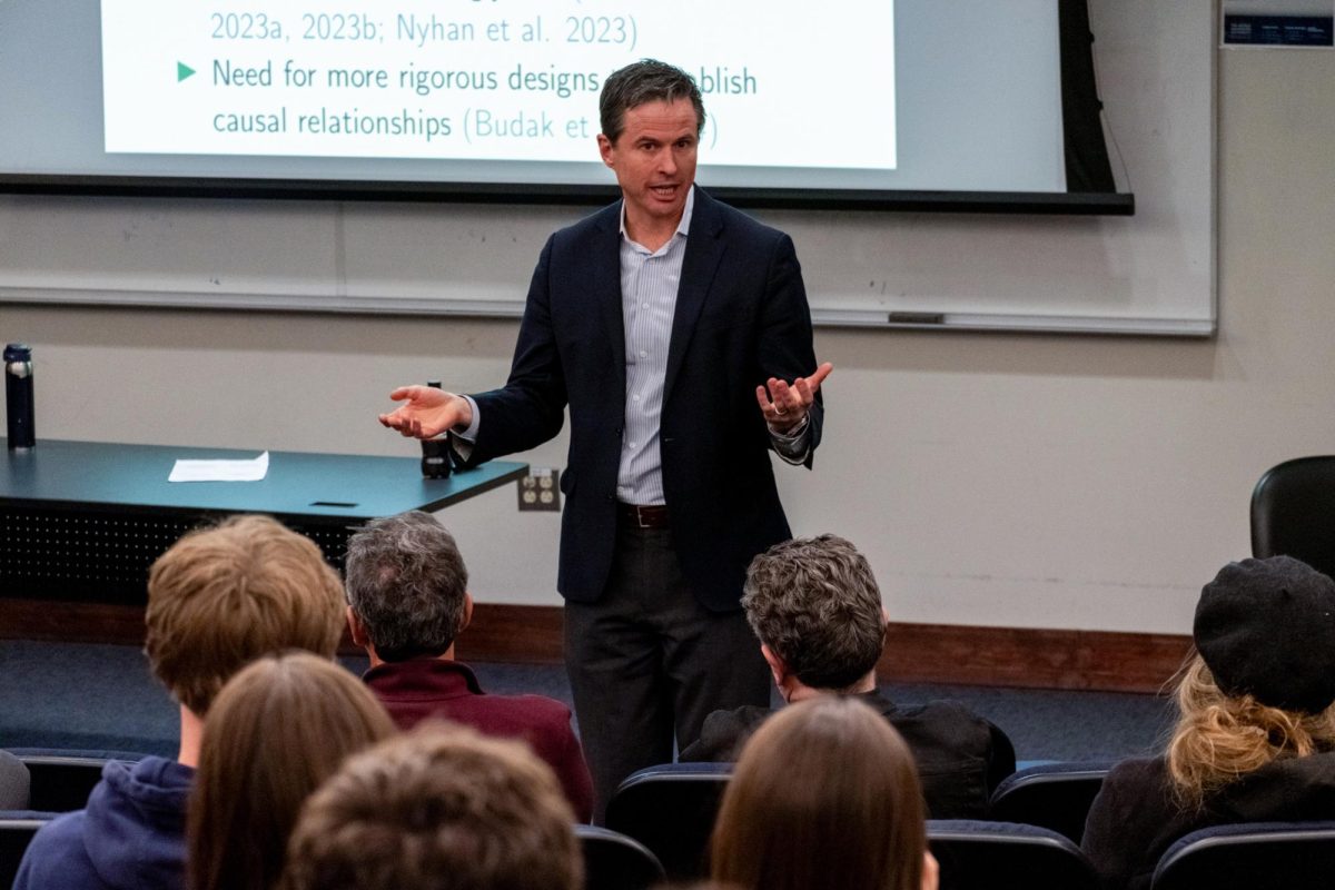 Brendan Nyhan, a Professor in the Department of Government at Dartmouth College, speaks at the School of Media and Public Affairs on Wednesday.