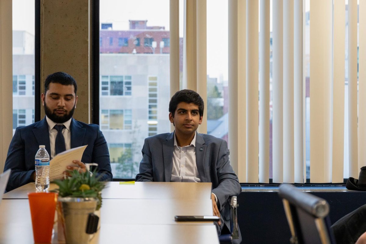 First-year Student Government Association presidential candidate Zain Masood at a disqualification hearing last week.