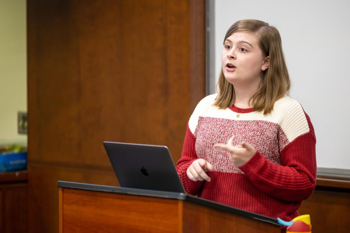 Student Bar Association Senator Callie Stevens presents at a meeting on Wednesday.