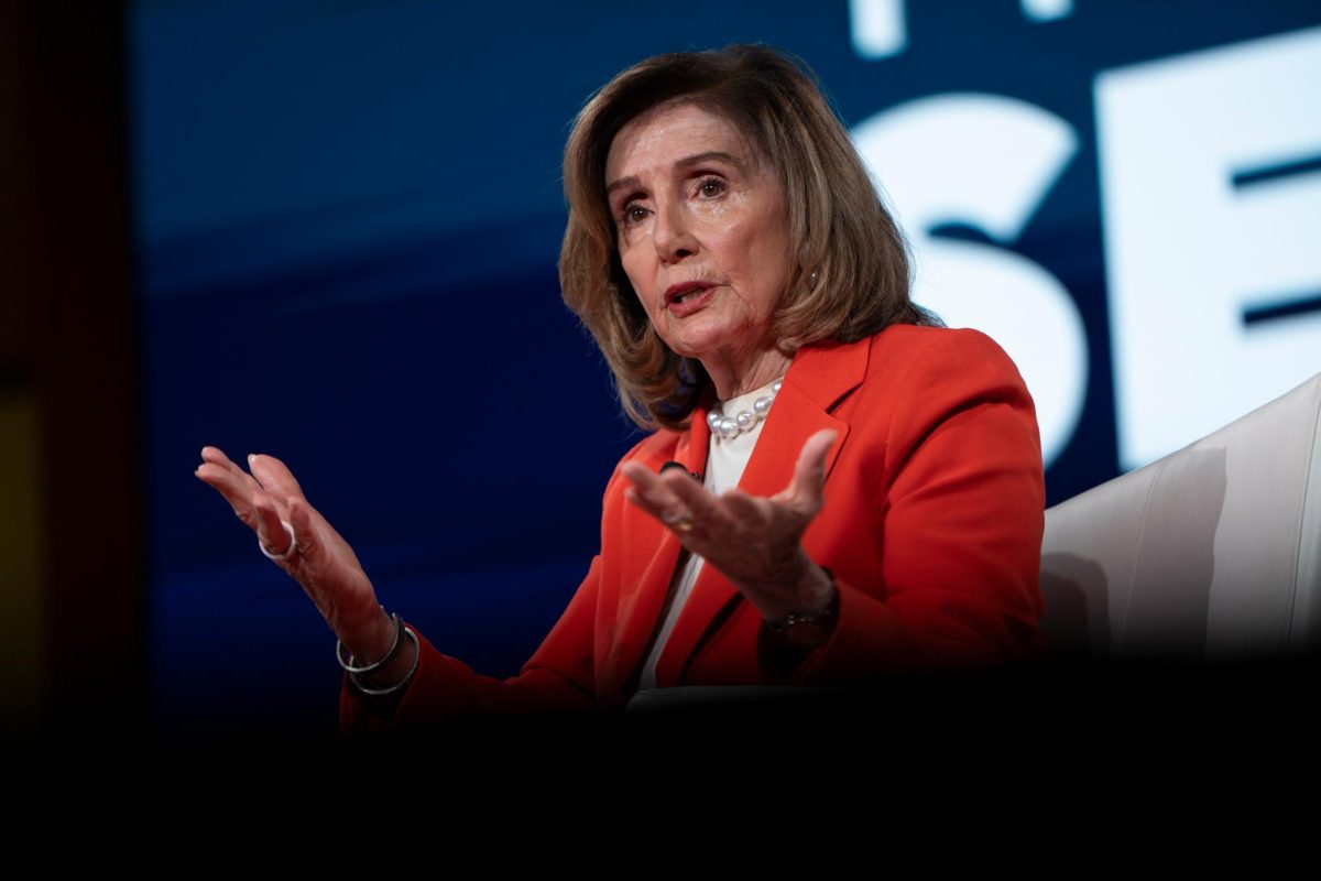 Speaker Emerita U.S. Rep. Nancy Pelosi (D-CA) speaks at the Jack Morton Auditorium on Monday.