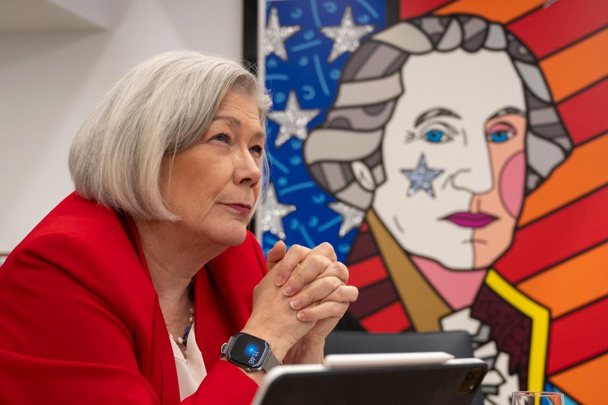 University President Ellen Granberg at a sit-down interview in April.