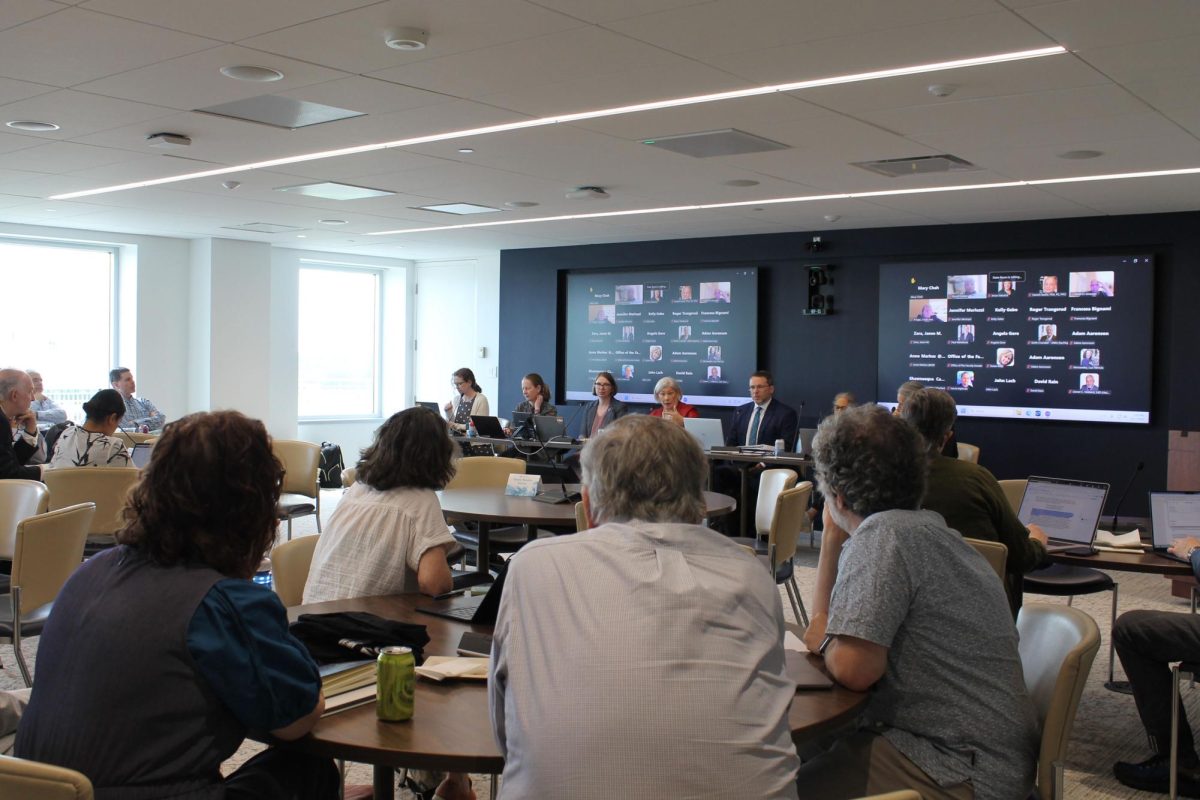 Faculty Senators listen at Friday's Faculty Senate meeting.