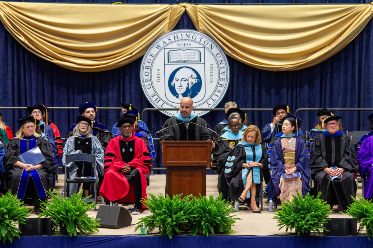 Keynote speaker Samuel Kambar Khoshaba speaks at the Graduate School of Education and Human Development ceremony Saturday.