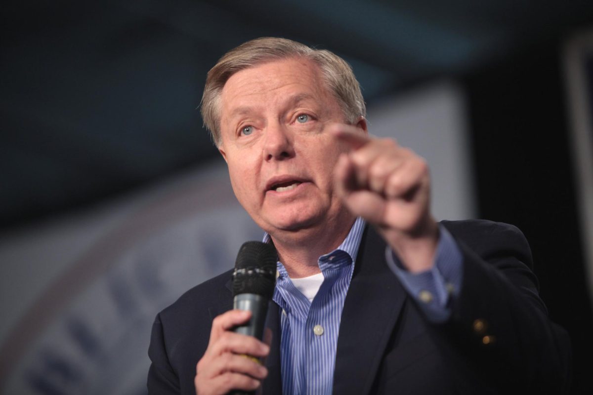 U.S. Senator Lindsey Graham speaking with attendees at the Iowa State Fairgrounds in 2015.